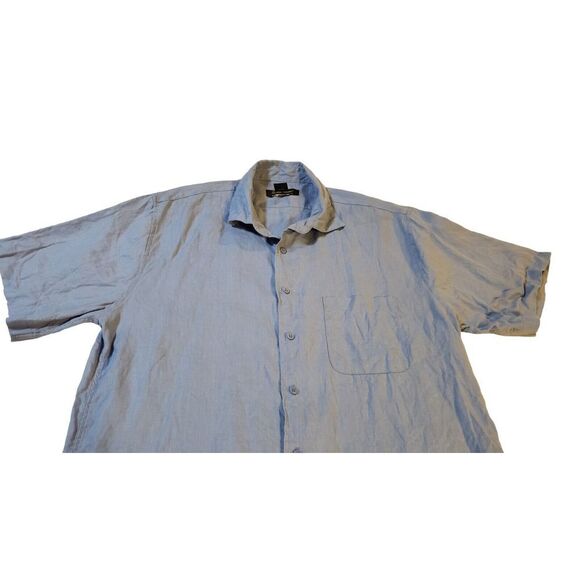 Pronto Uomo 100% Linen Short Sleeve  Button Down Shirt Blue Size L Designer - Picture 5 of 15